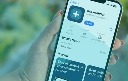 Person holding a smartphone displaying the myHealthNet app page with options to open or update the app.