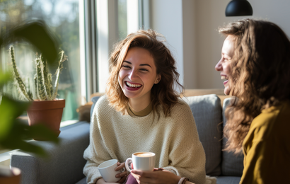 Two women laughing and enjoying coffee on a cozy sofa.