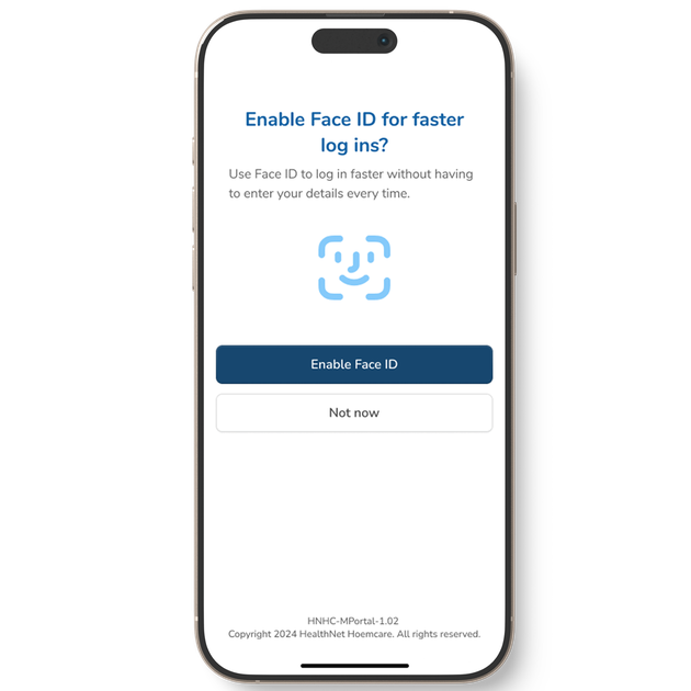 Smartphone screen displaying a prompt to enable Face ID for faster logins, with options "Enable Face ID" and "Not now."
