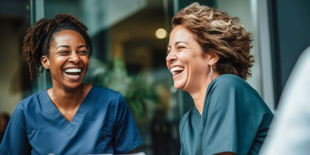 Two nurses in scrubs laughing together while seated outdoors, conveying joy and camaraderie.