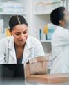 Pharmacist people and paper bag for medicine store