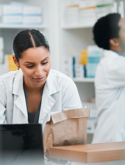 Pharmacist people and paper bag for medicine store