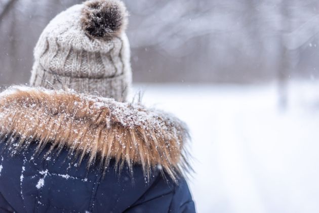 Person wearing a knit hat and fur-trimmed coat walks through a snowy landscape, with snowflakes falling gently around.