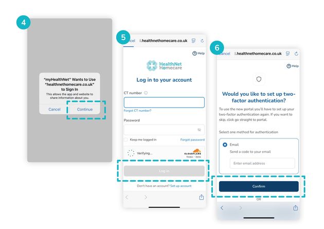 Steps for logging into HealthNet: prompt on security, login screen, and optional two-factor authentication setup with confirmation button.