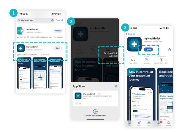 Three-step guide to downloading the myHealthNet app on iOS: search, install with side button, and open the app from the store.