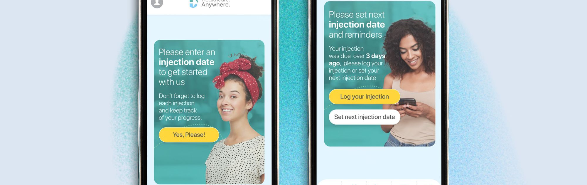 Two smartphones displaying a healthcare app interface, prompting users to set and log injection dates and reminders.