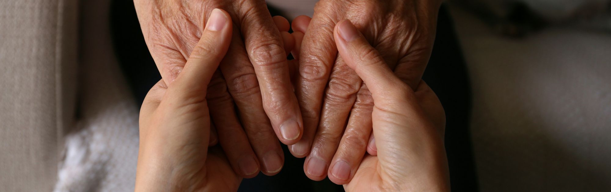 Elderly hands gently held by younger hands.