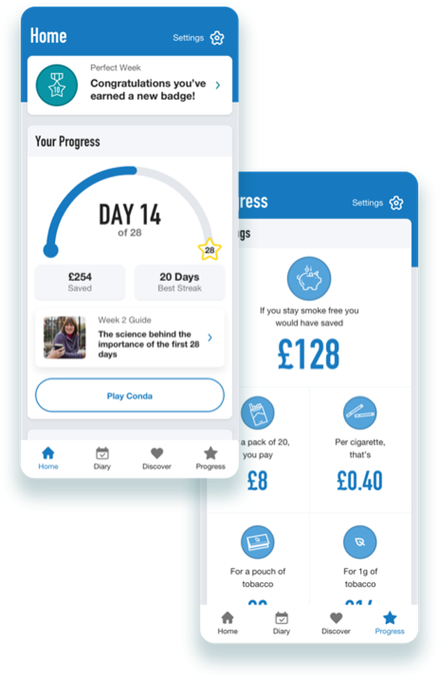 Two mobile app screens showing progress in a 28-day challenge, displaying savings from quitting smoking and a new badge earned.