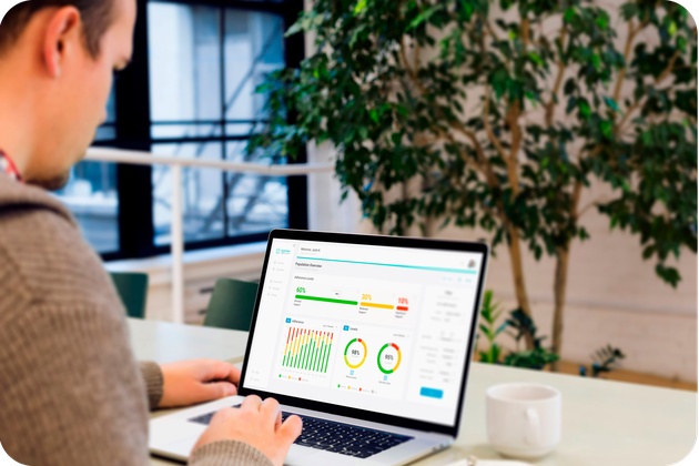 Person using a laptop displaying colorful data charts in a modern office with a large plant nearby.