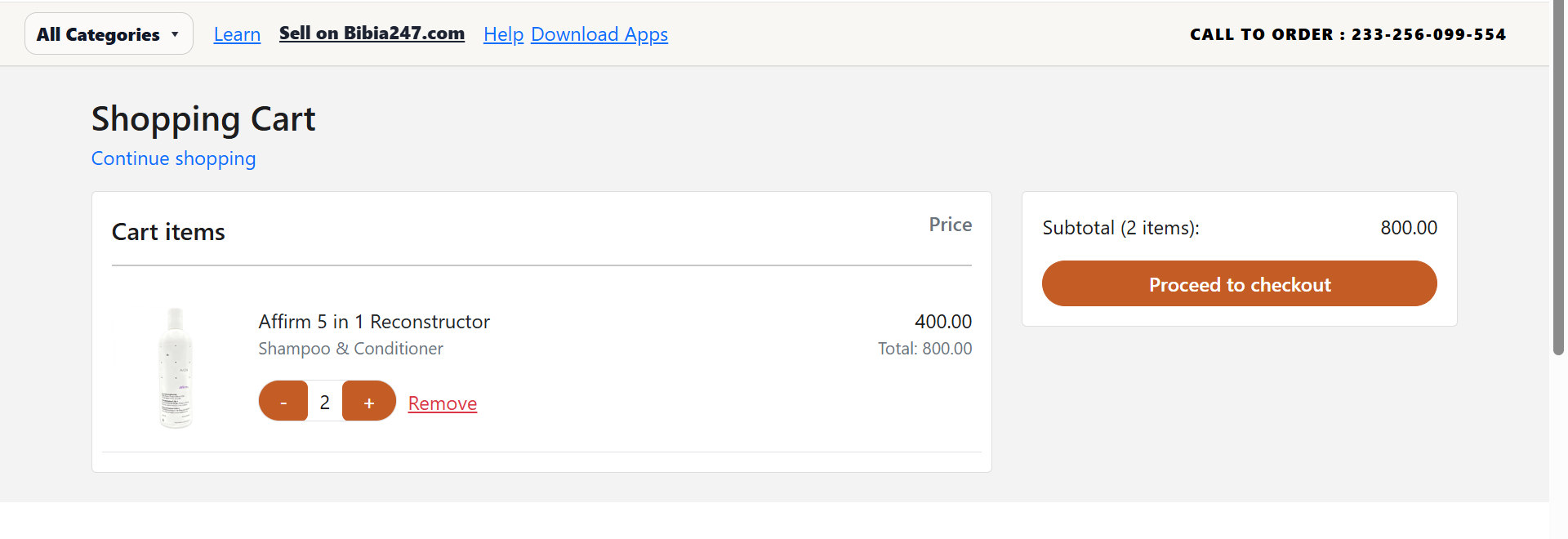 Shopping cart page showing selected products