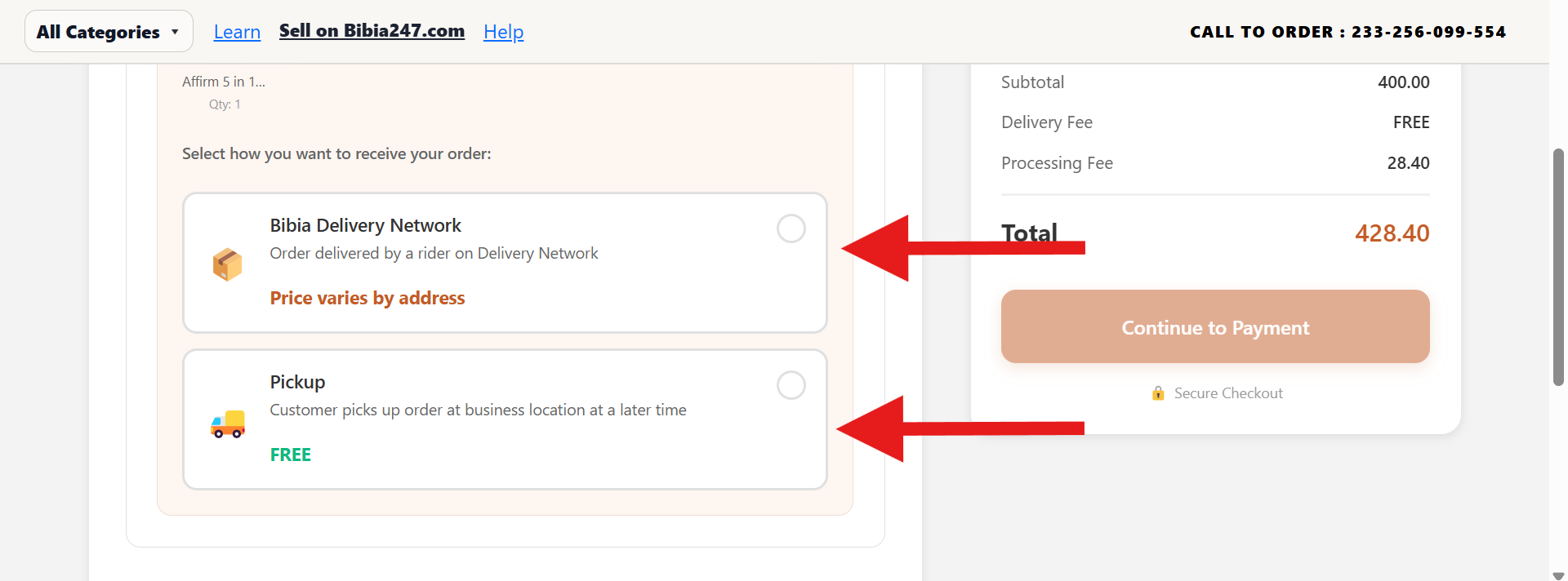 Delivery and pickup options displayed during checkout