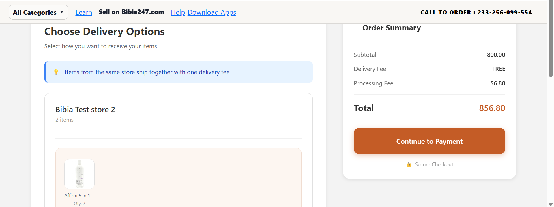 Checkout summary with totals and fees