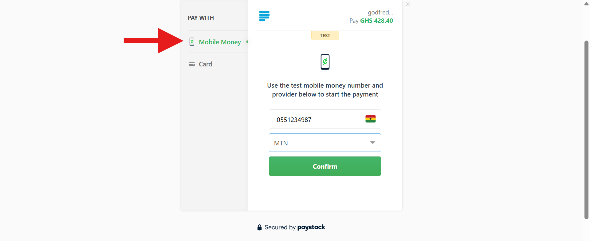 Mobile Money payment screen
