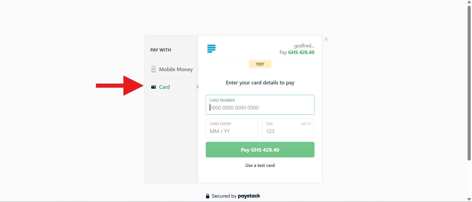 Card payment checkout form