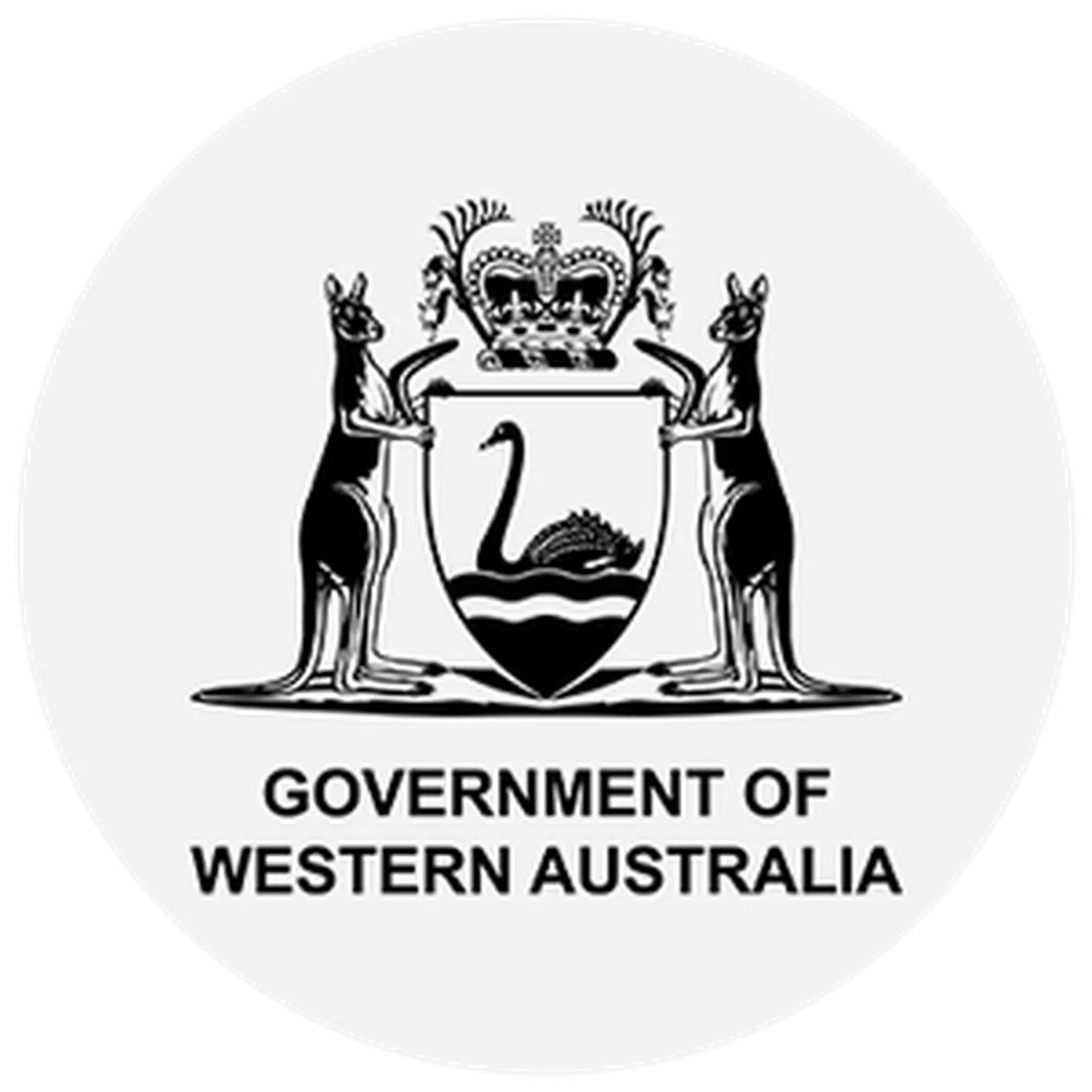 Coat of Arms of Western Australia: Black swan on shield, flanked by kangaroos, topped with royal crown; text below reads "Government of Western Australia."