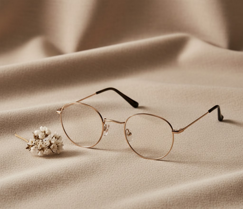 Gold-rimmed eyeglasses and small white flowers on a beige woven fabric background.