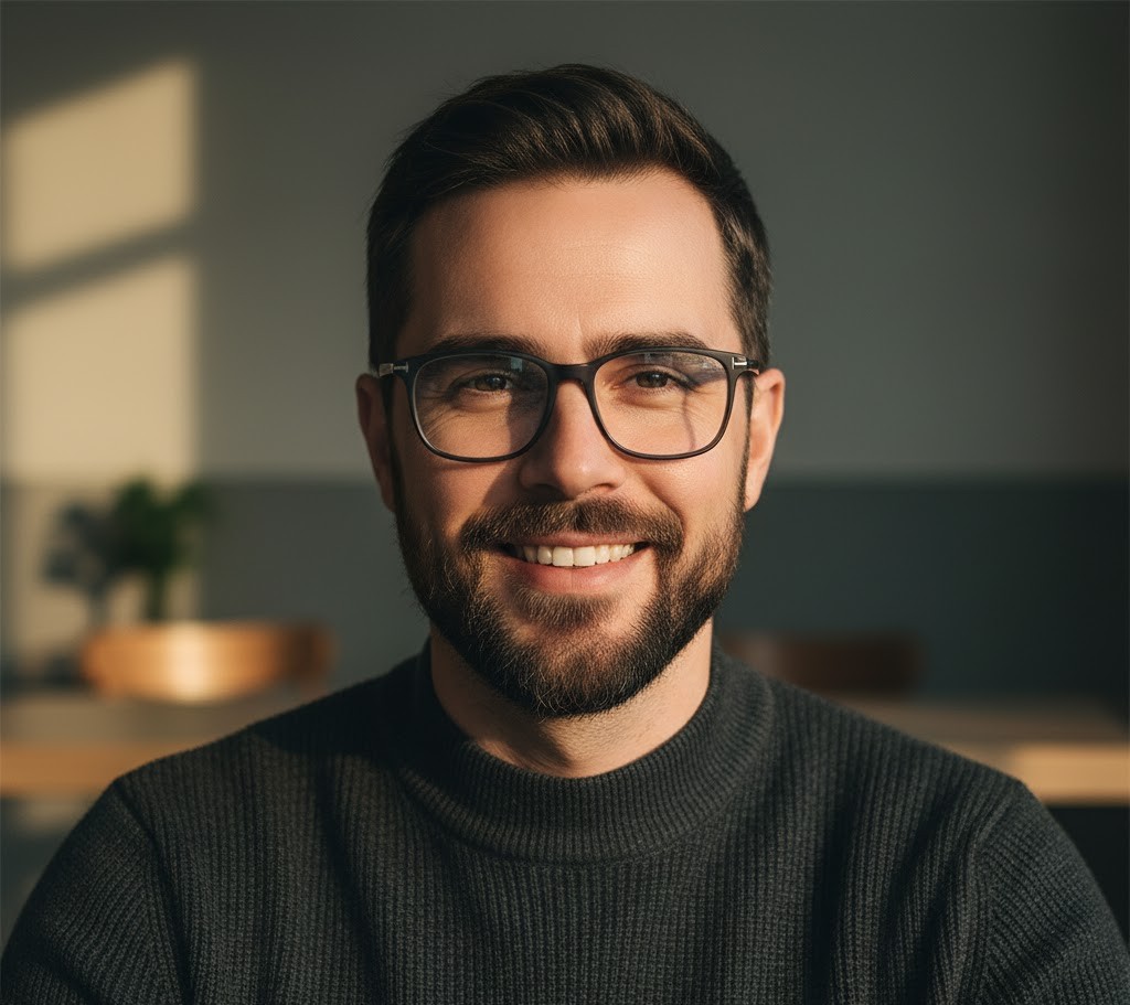 Man with glasses and a beard smiling, wearing a dark sweater against a softly lit background with shadows and blurred furniture.