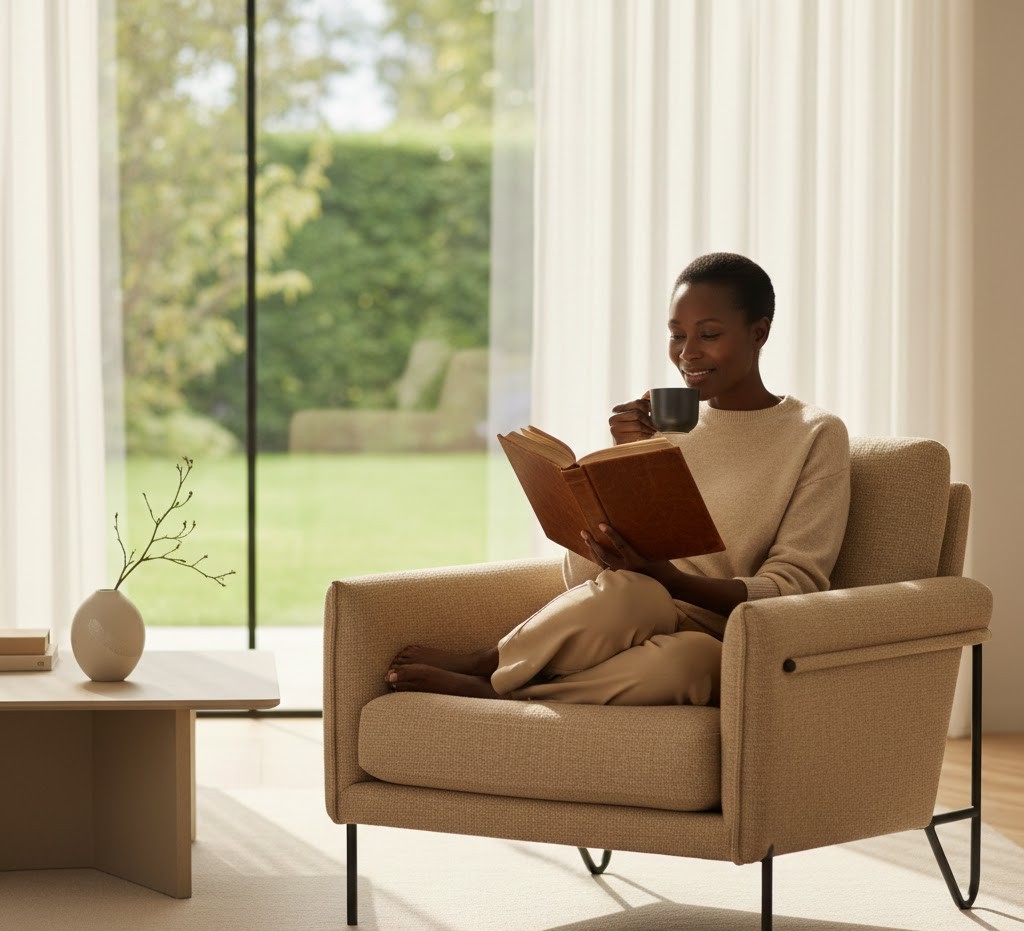 Woman sitting in a beige armchair by a large window, reading a book and holding a cup, with a minimalist table nearby.