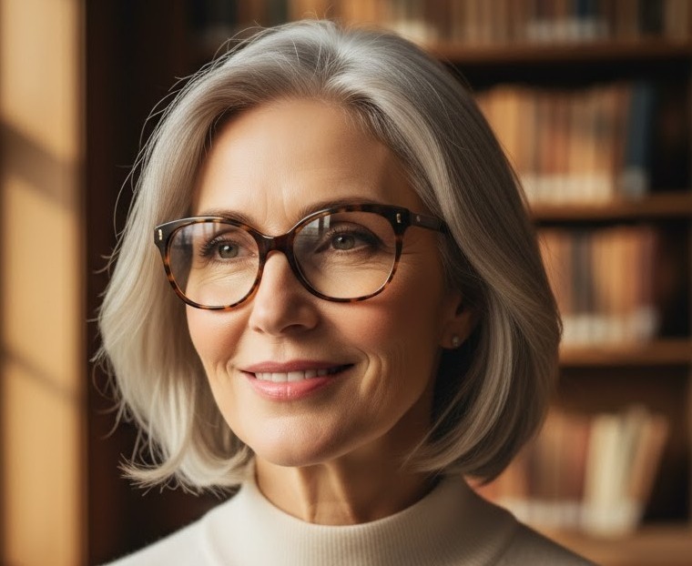Smiling woman with gray hair and glasses, wearing a white turtleneck, stands in a warmly lit library with bookshelves in the background.