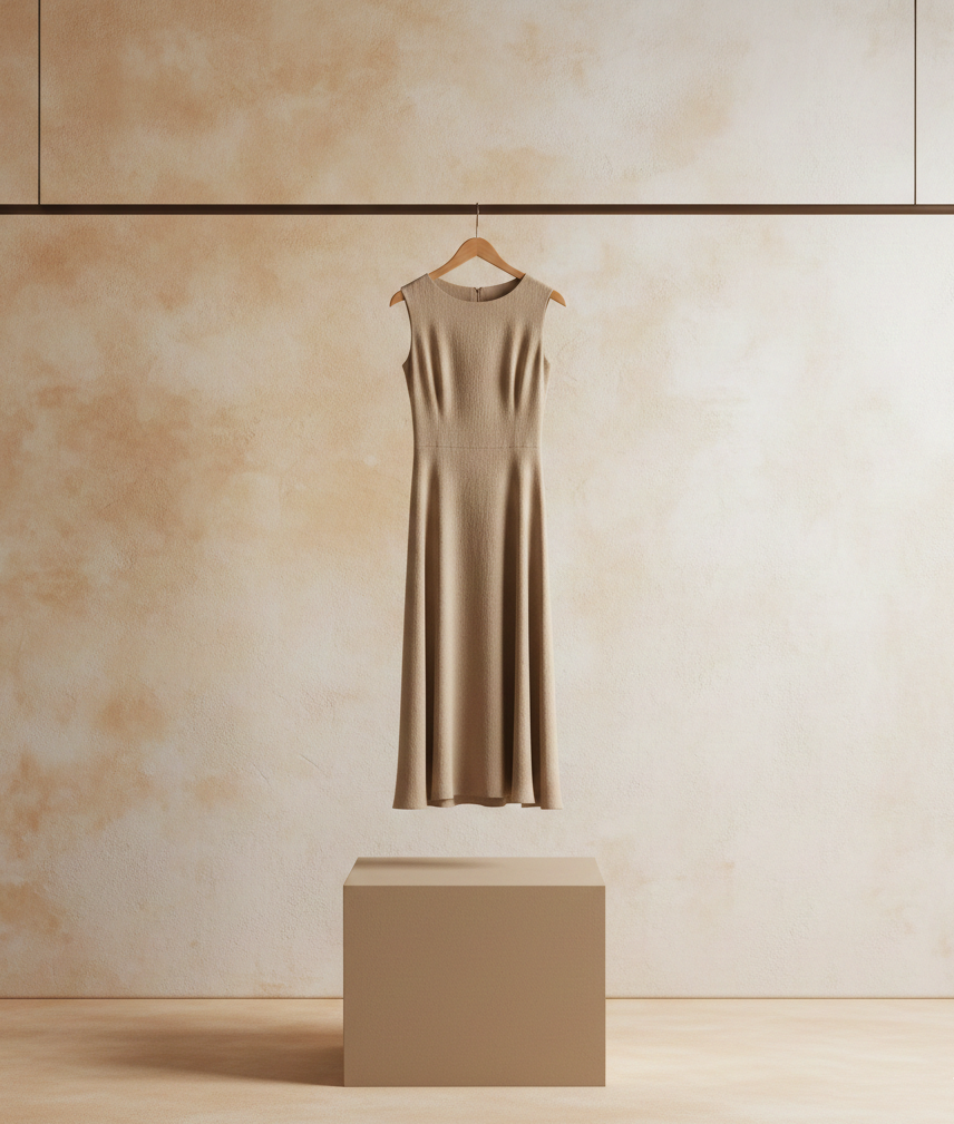 Ein Kleid, das auf einer Kleiderstange hängt. Sehr minimalistisch.