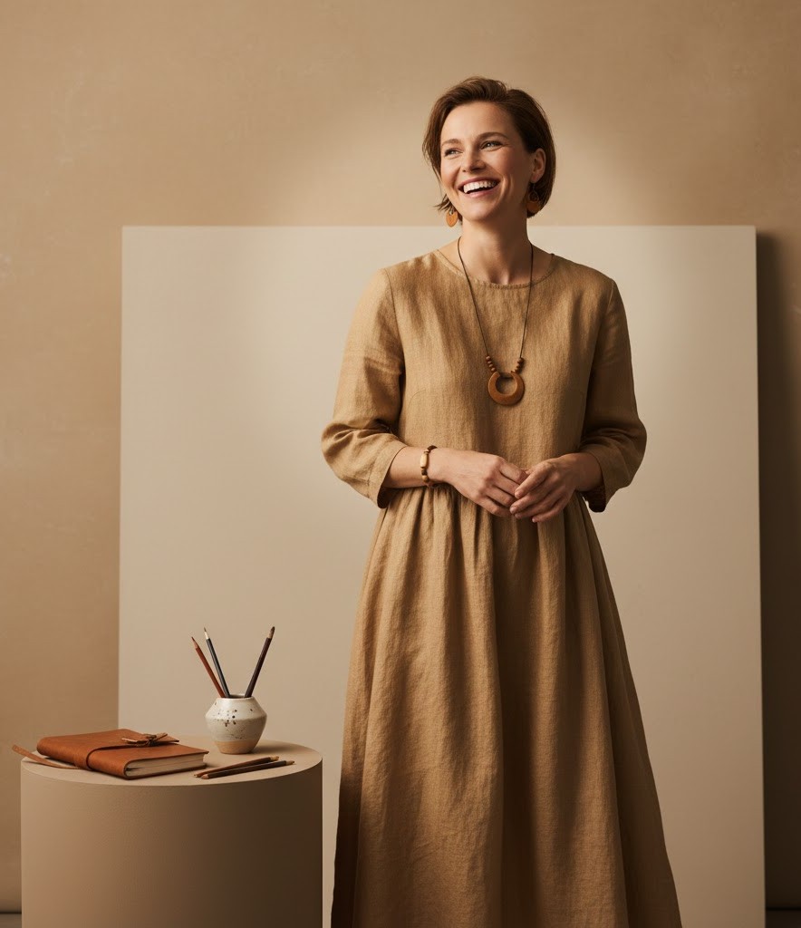 Eine Frau, die künstlerisch angehaucht ist und sehr glücklich wirkt.