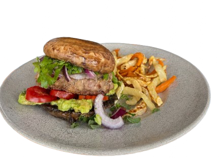 Portobello burgers with sweet potato and celery fries