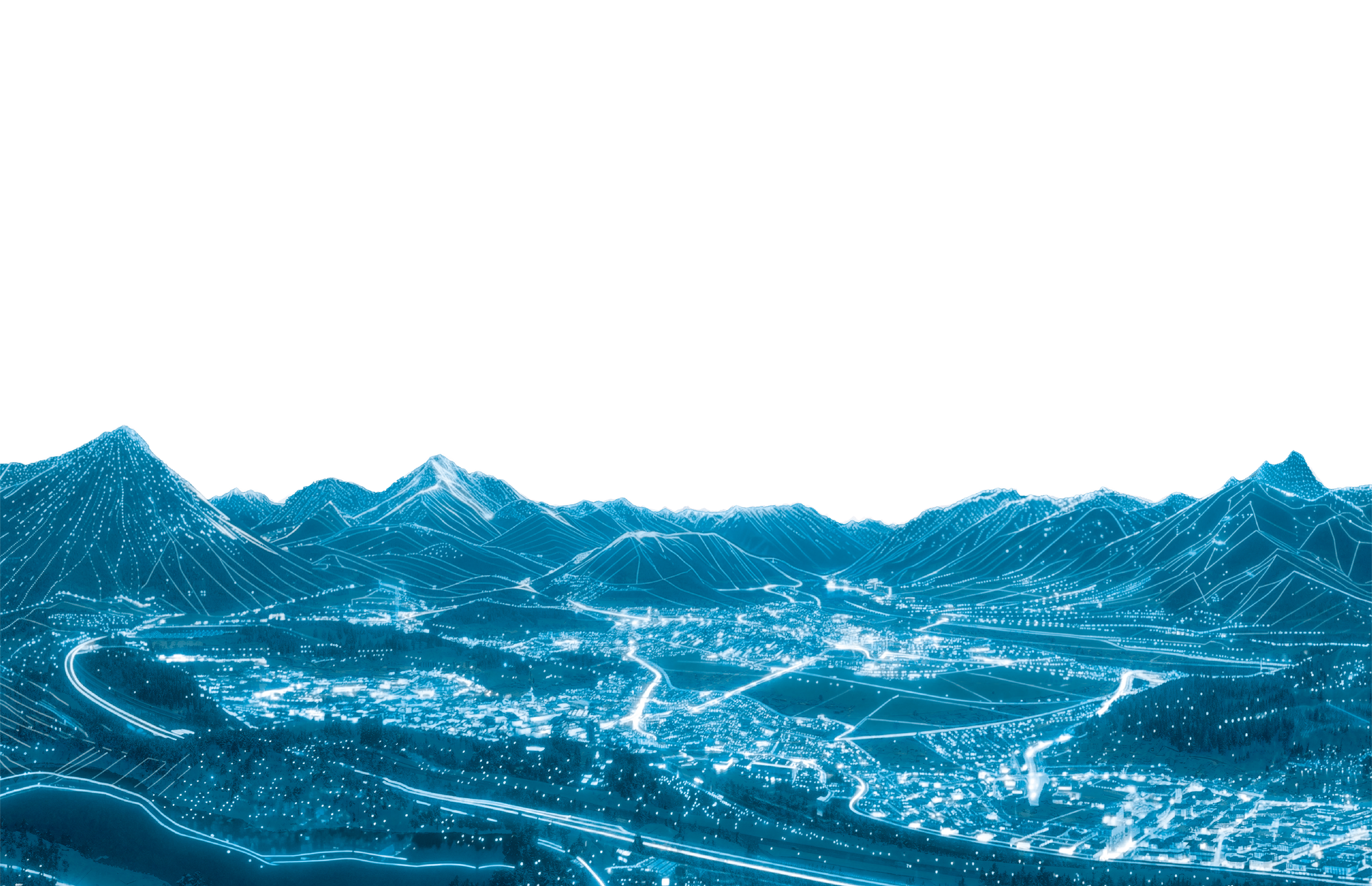 Leuchtend blaues Stadtbild mit Bergen im Hintergrund vor einem schwarzen Himmel, das eine futuristische digitale Landschaft darstellt.