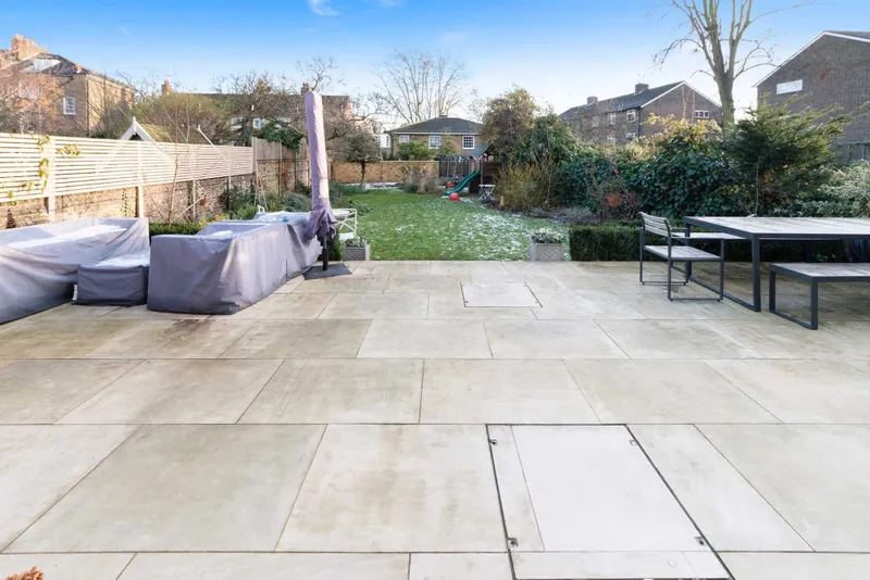 Stone paved terrace and garden, alternate angle