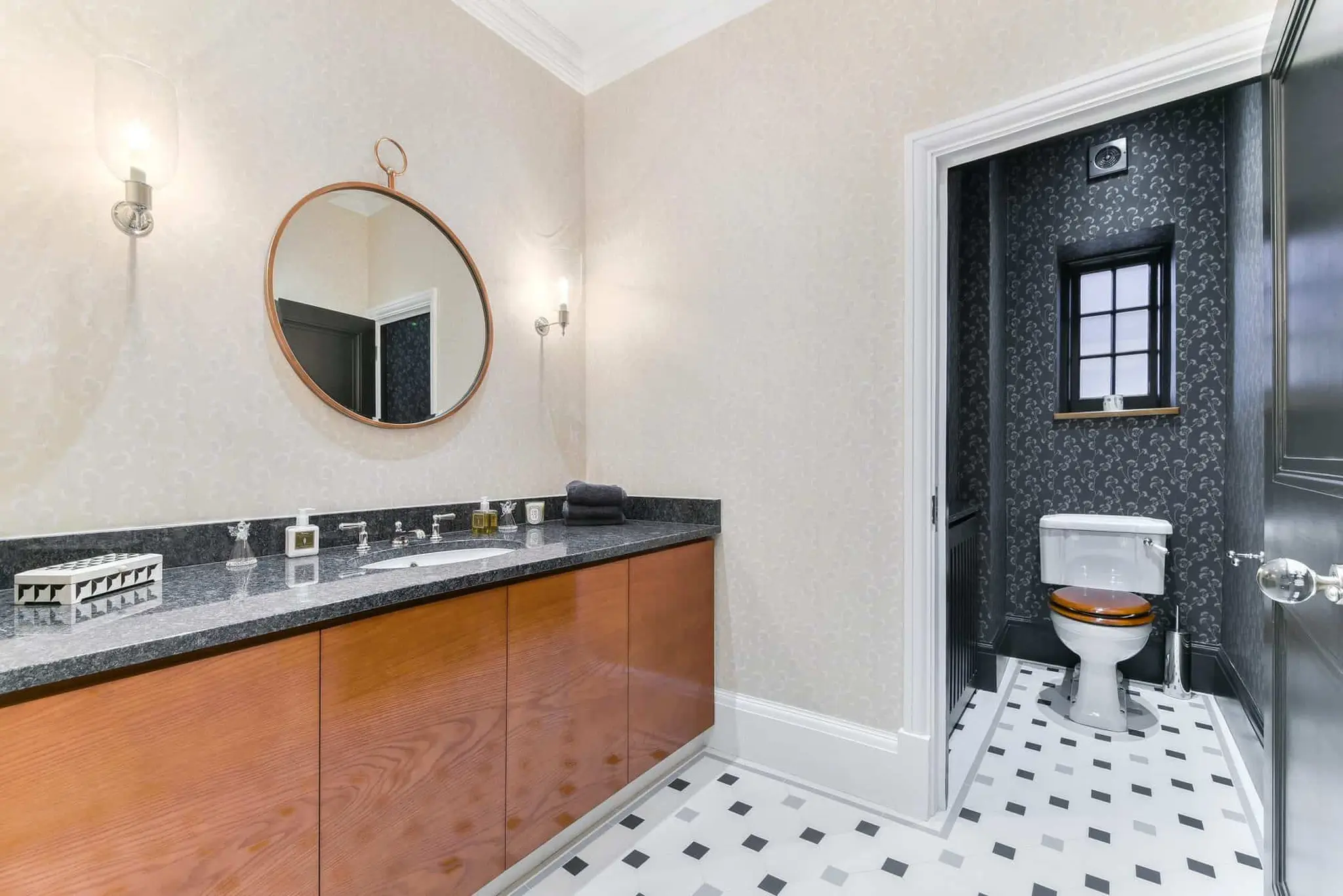 Cloakroom with stone worktop, timber vanity and mosaic floor tiling