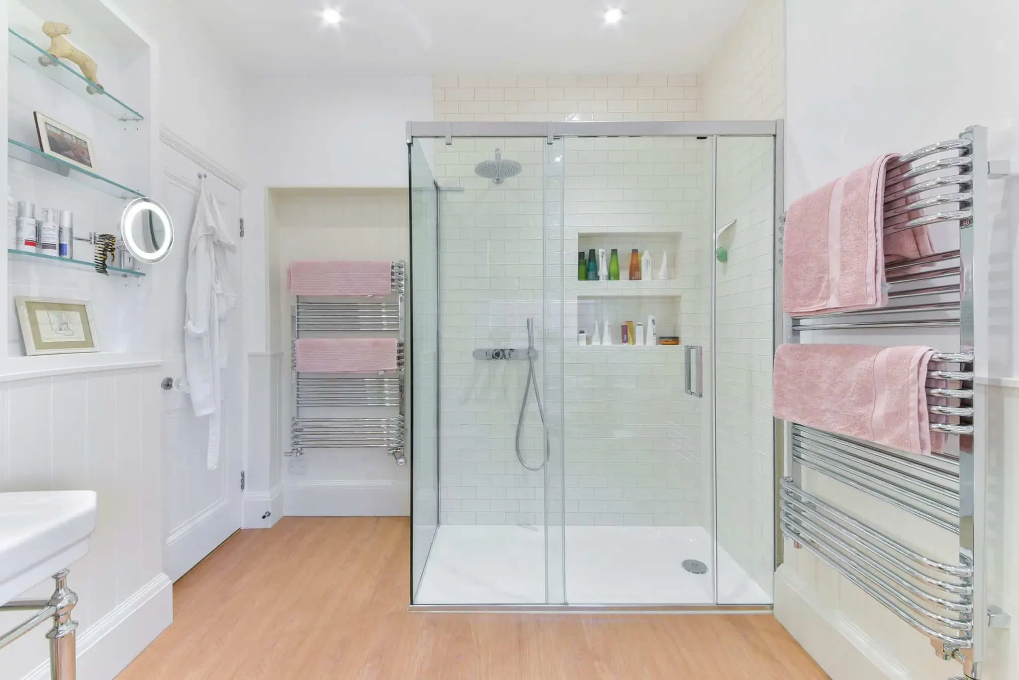 Shower room with walk-in enclosure and panelled walls