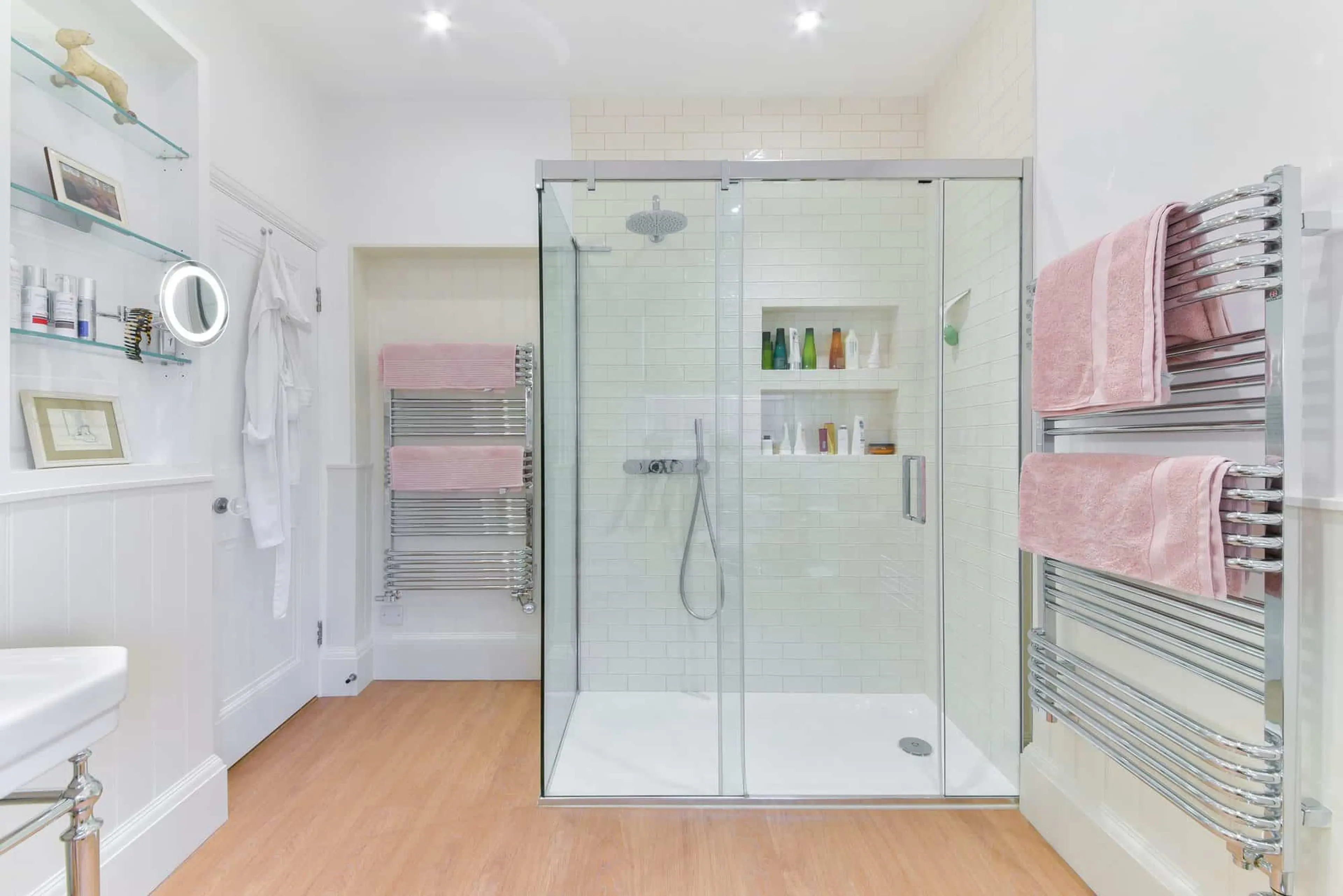 Shower room with walk-in enclosure and panelled walls