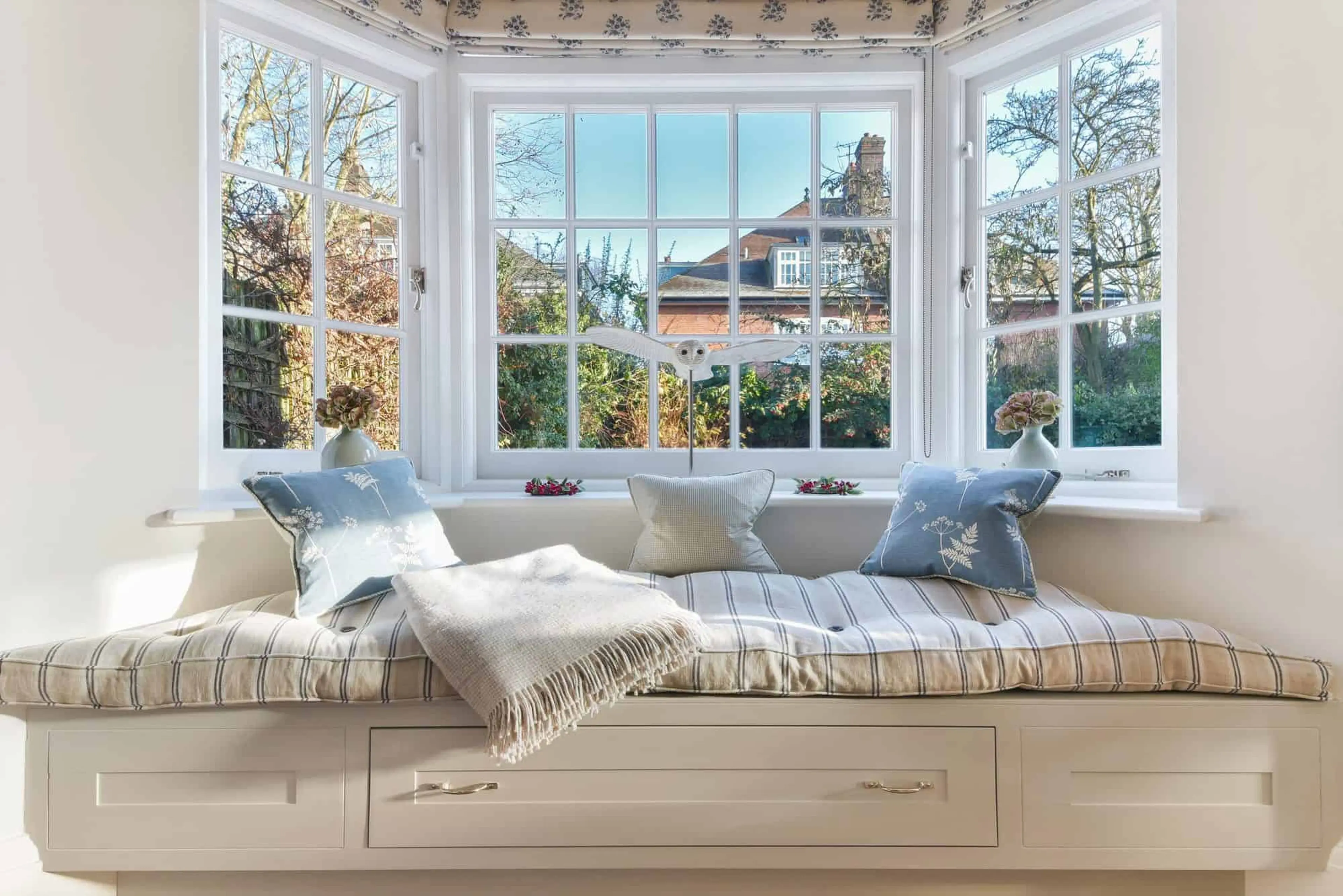 Bay window seat with drawer storage beneath