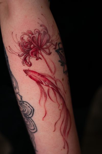 Tattoo Microrealism Red Koi Fish Spiderlily