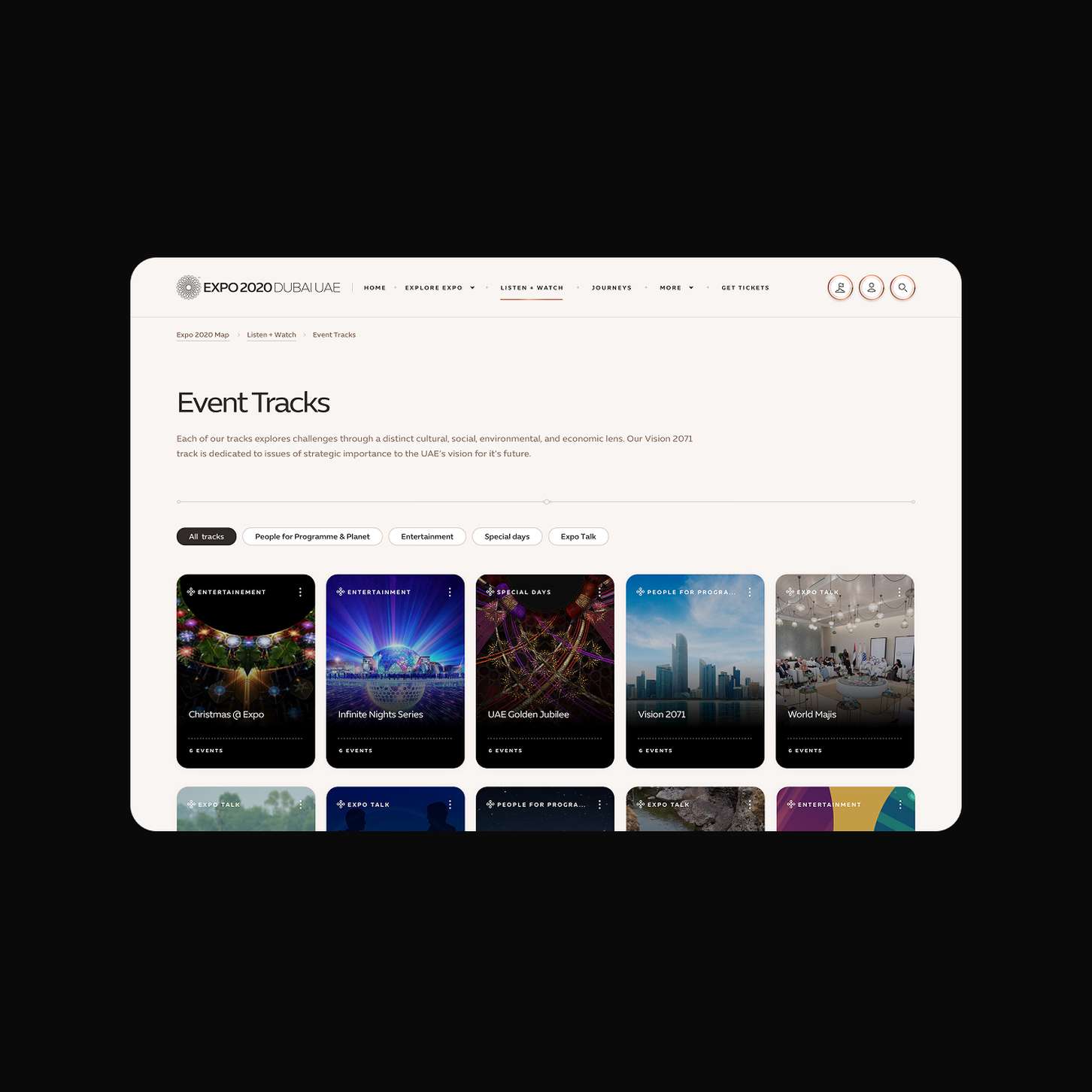A cultural event directory UI layout featuring rounded pill filters and highly visual content cards organized by thematic design tracks.