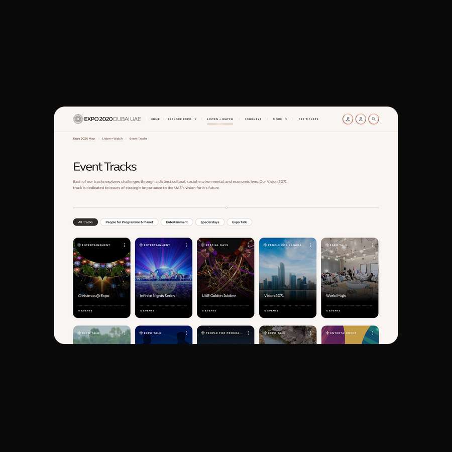 A cultural event directory UI layout featuring rounded pill filters and highly visual content cards organized by thematic design tracks.