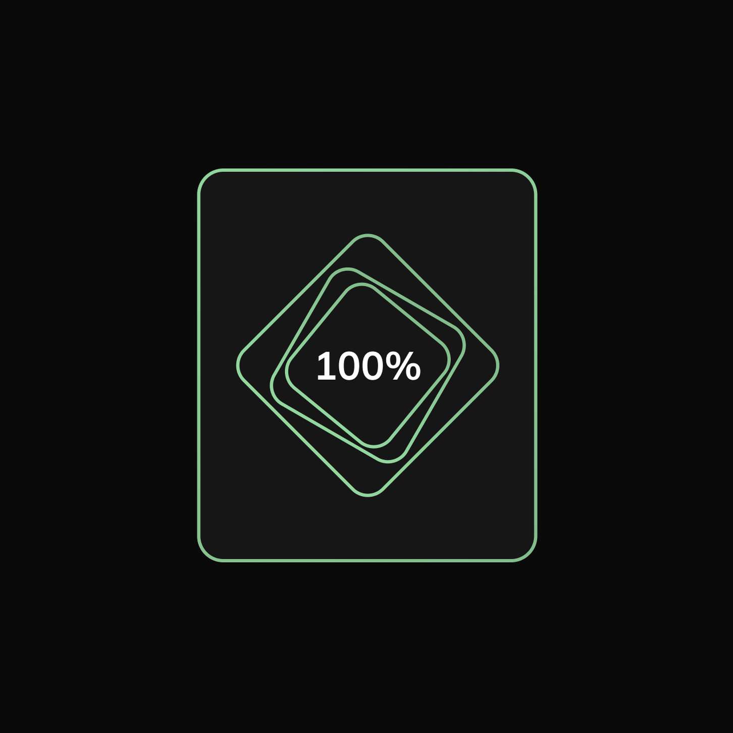 A minimalist achievement status badge showing a one-hundred percent completed state outlined in a solid pastel green frame.