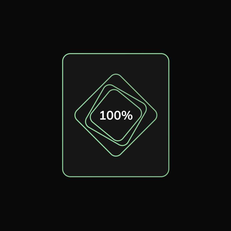 A minimalist achievement status badge showing a one-hundred percent completed state outlined in a solid pastel green frame.