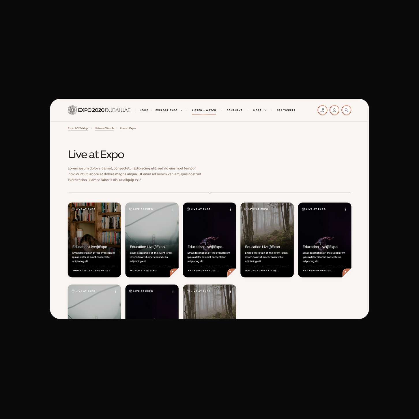 A clean web dashboard interface showing an active live-streamed event grid under a main navigation header, emphasizing dark card UI elements against a light canvas.