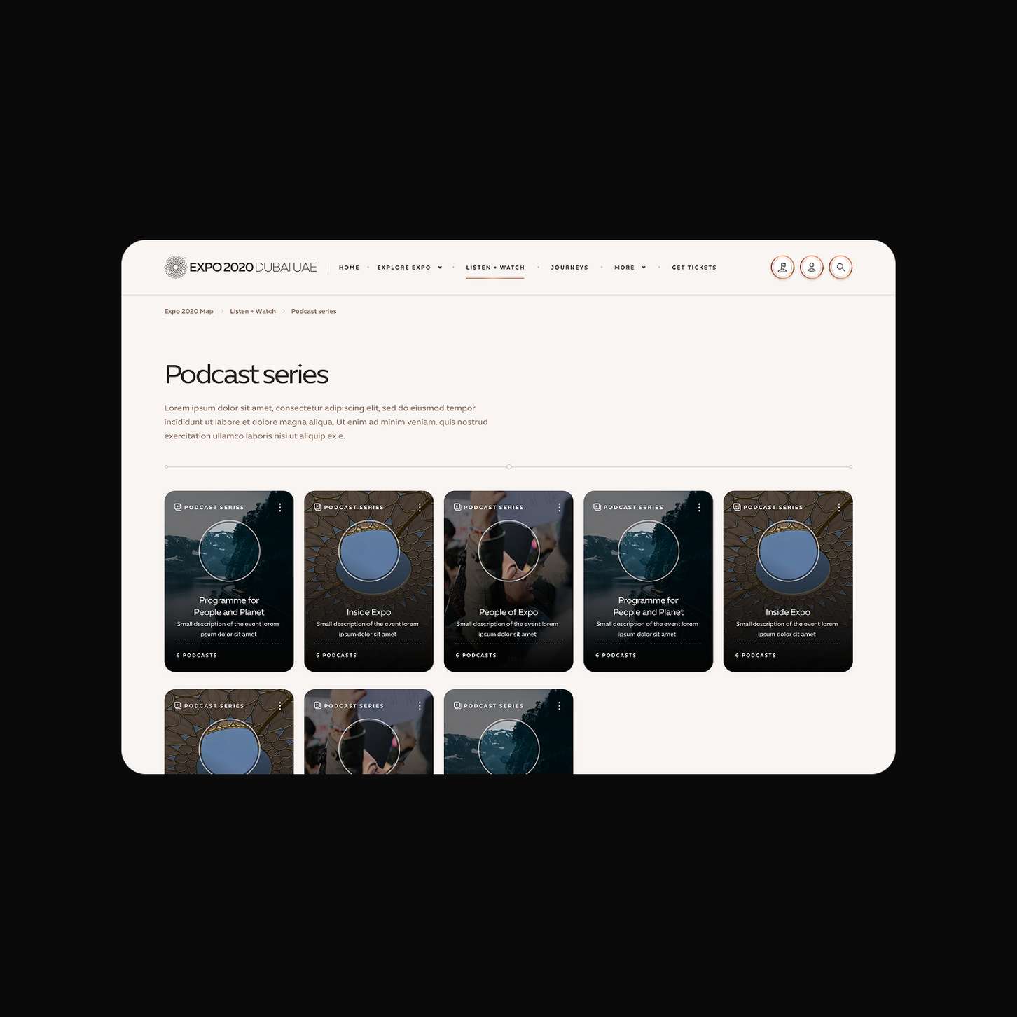 A minimalist desktop media hub UI showcasing a grid layout of podcast series cards distinguished by large circular profile frames.