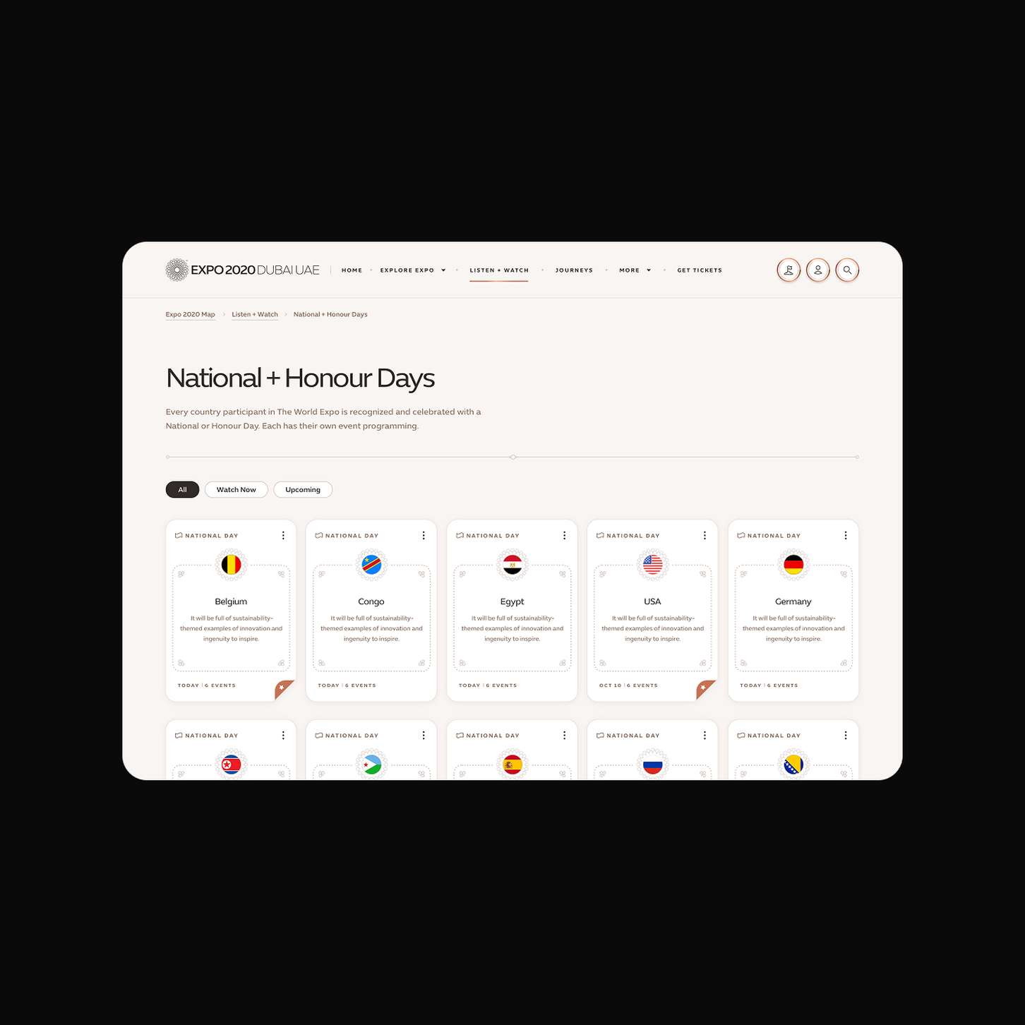 A clean global pavilion directory UI showcasing country flag icons, minimalist border patterns, and organized informational text blocks.