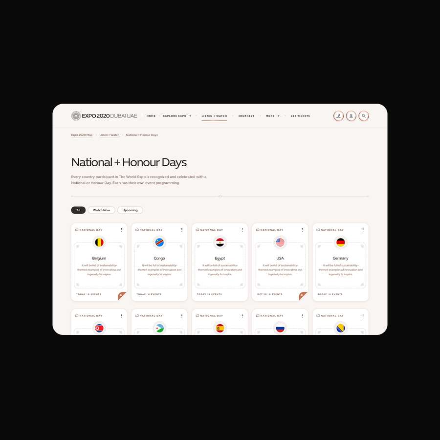A clean global pavilion directory UI showcasing country flag icons, minimalist border patterns, and organized informational text blocks.