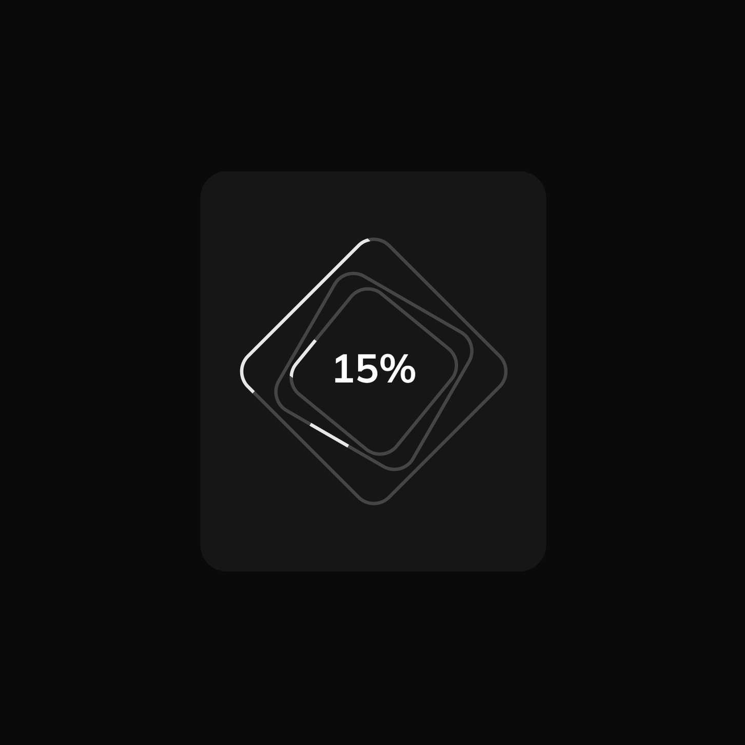A micro-interaction progress widget highlighting a fifteen percent milestone state using fine line-art geometry on a dark card.