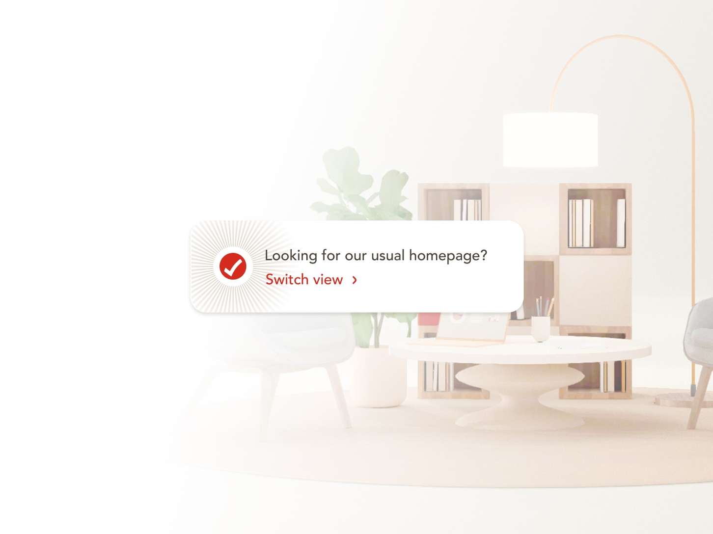 A floating modular interface pop-up card showcasing a navigation alert text block over a bright lifestyle interior background.