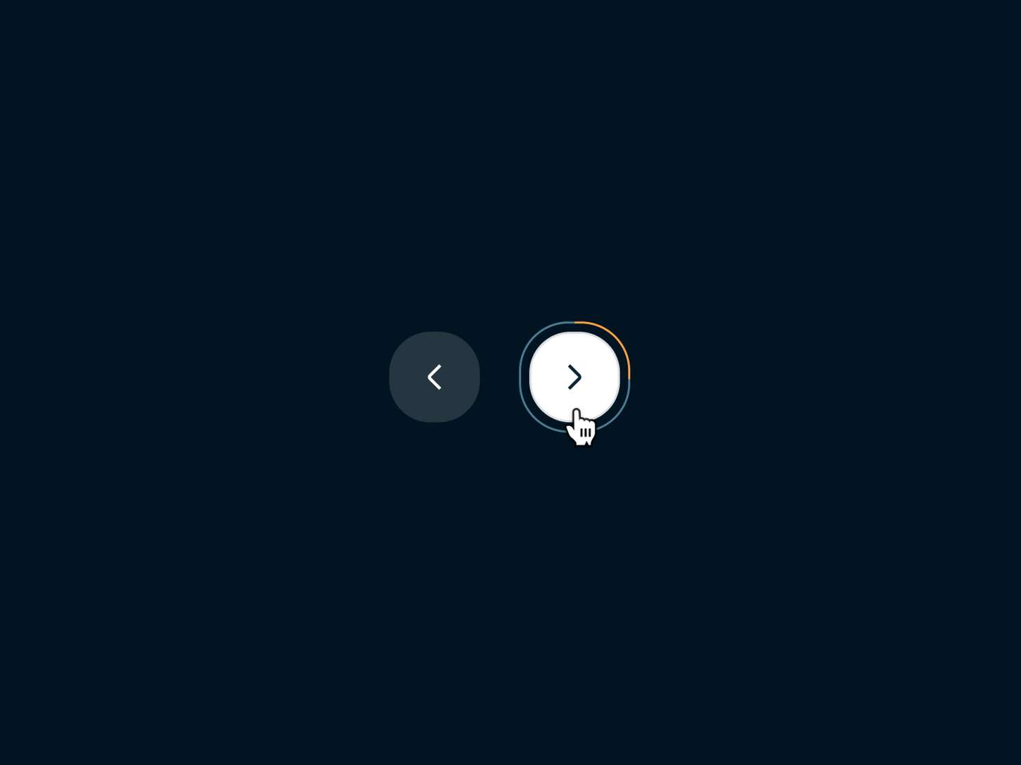 UI interface element for website navigation on a dark canvas. The graphic isolated handles show back and next interactive button elements, with the active right arrow button featuring a hand pointer icon indicating user selection.