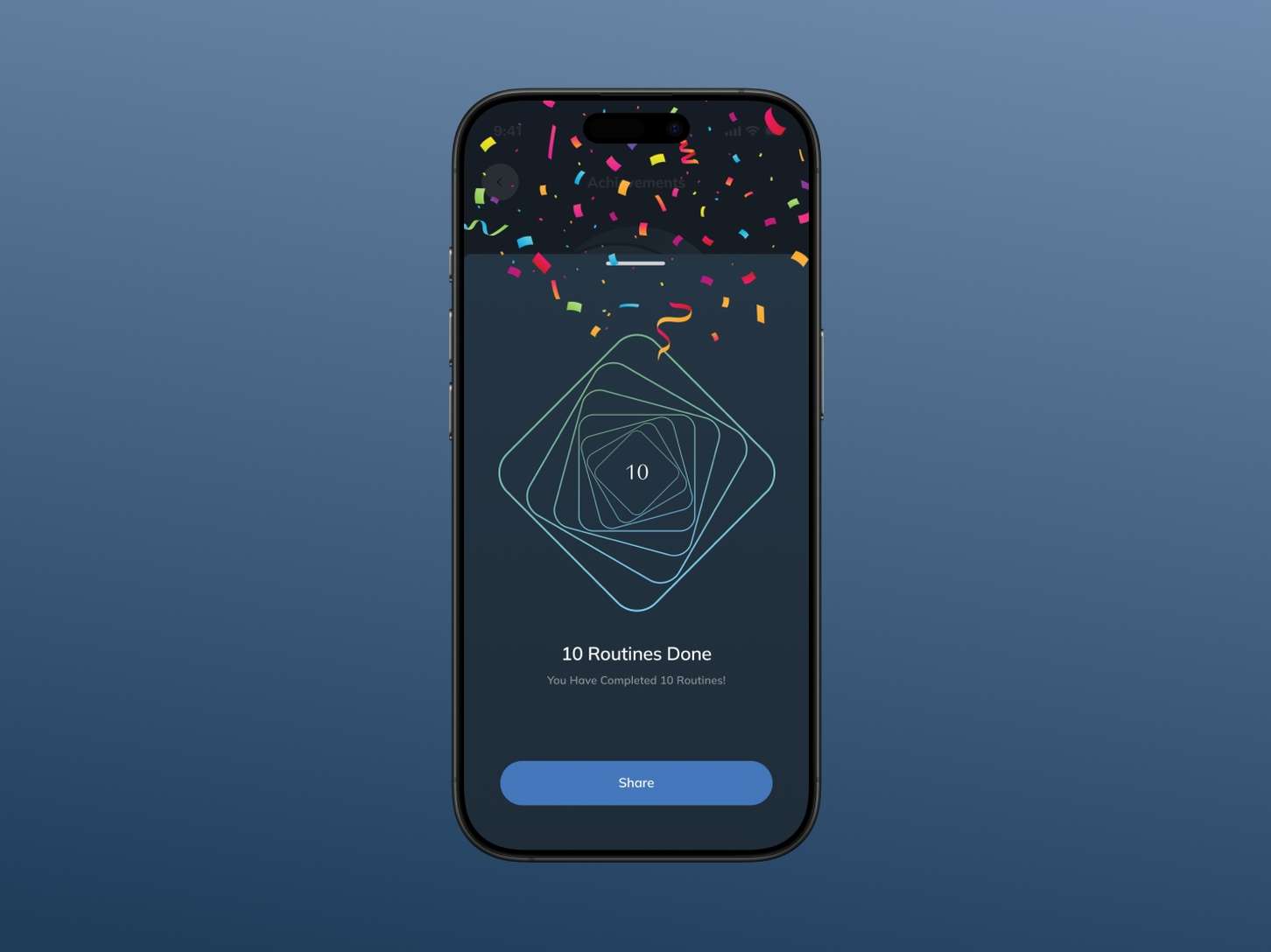 A mobile application user experience screen capturing an achievement milestone celebration interface decorated with colorful confetti vectors and a clean geometric progress icon.