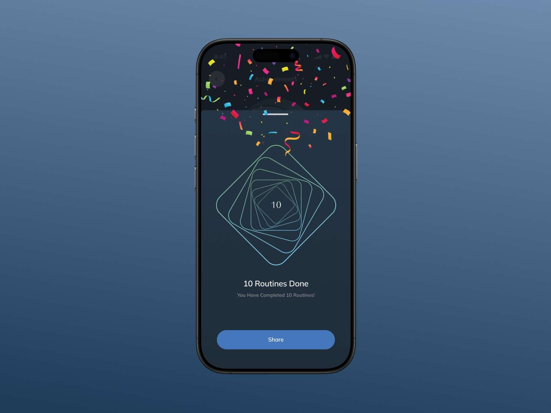 A mobile application user experience screen capturing an achievement milestone celebration interface decorated with colorful confetti vectors and a clean geometric progress icon.