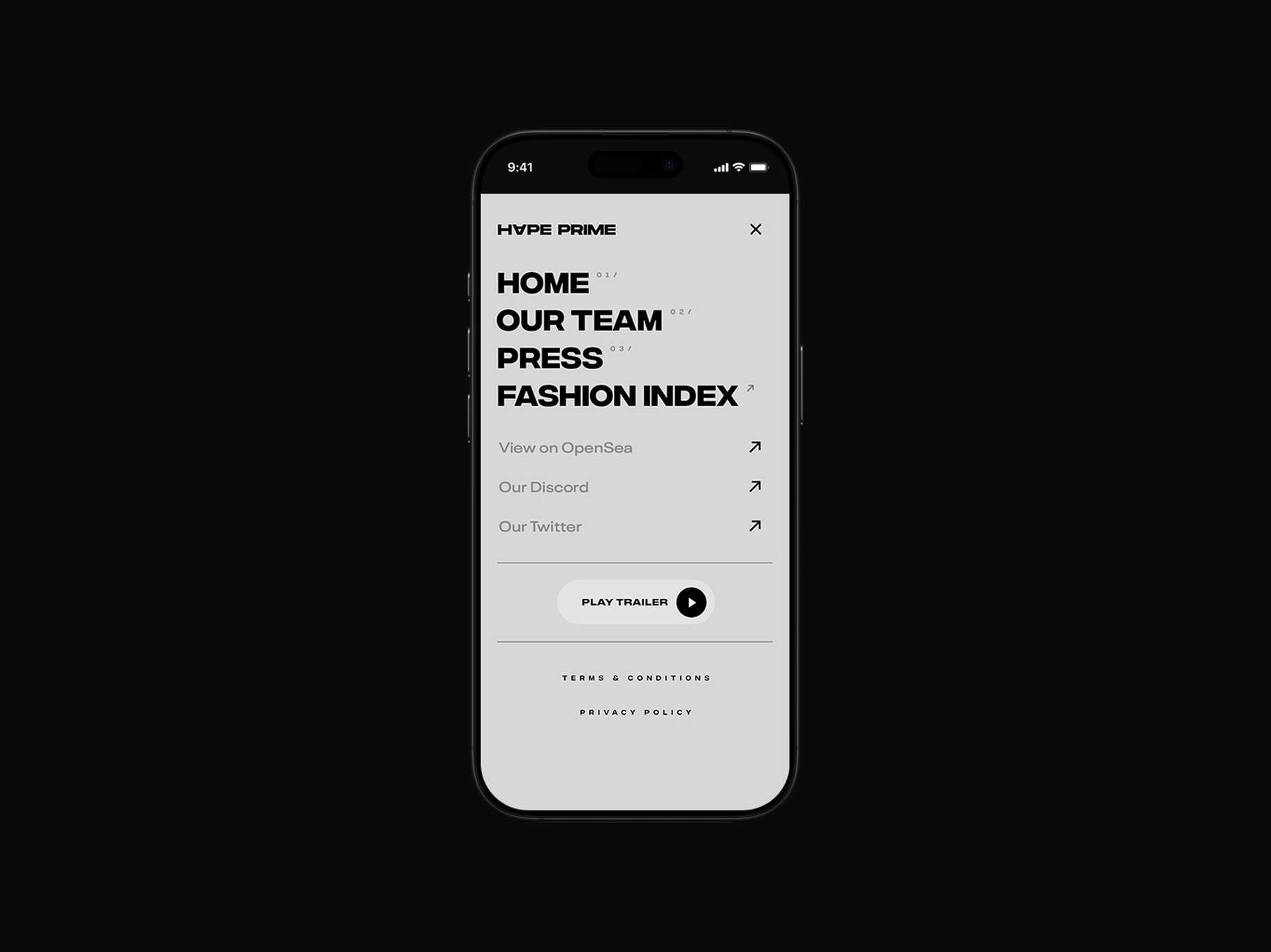 Responsive smartphone UI mockup showcasing a full-screen mobile menu interface in a light-mode colorway with crisp black typography and a balanced layout.