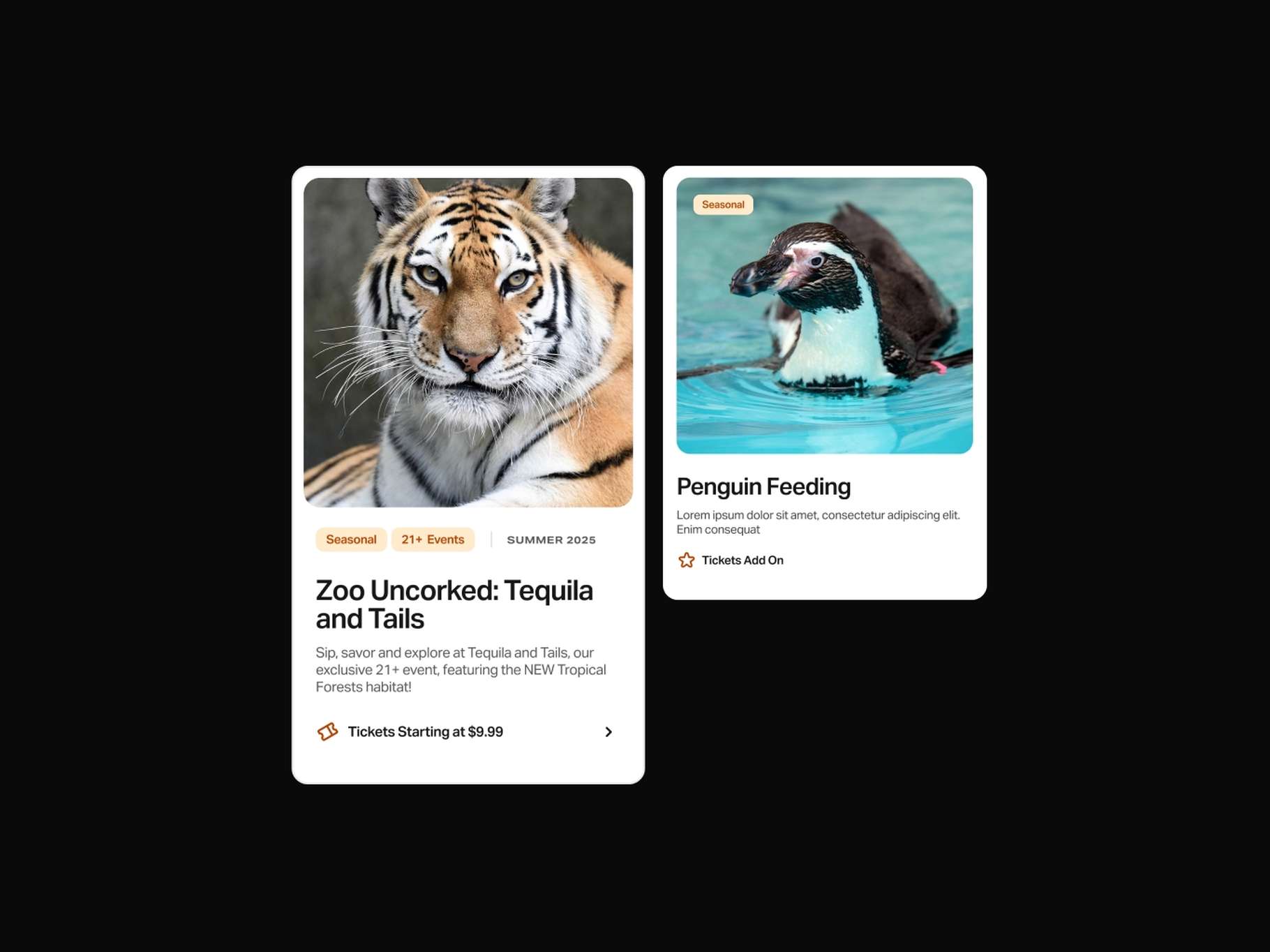 A pair of clean promotional event UI cards showcasing high-quality wildlife photography, metadata category tags, and direct transactional action buttons.