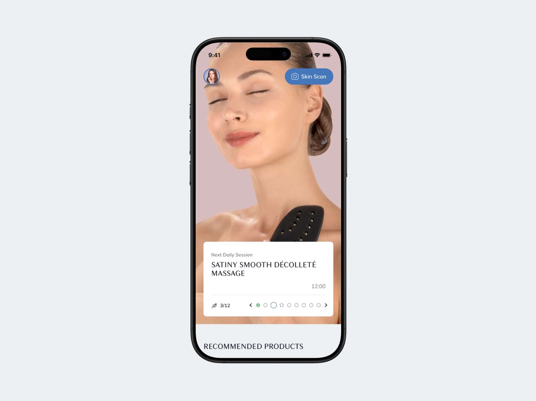 A smartphone UI concept showing a video guided skincare routine with a semi-transparent media control overlay and tracking progress dots.