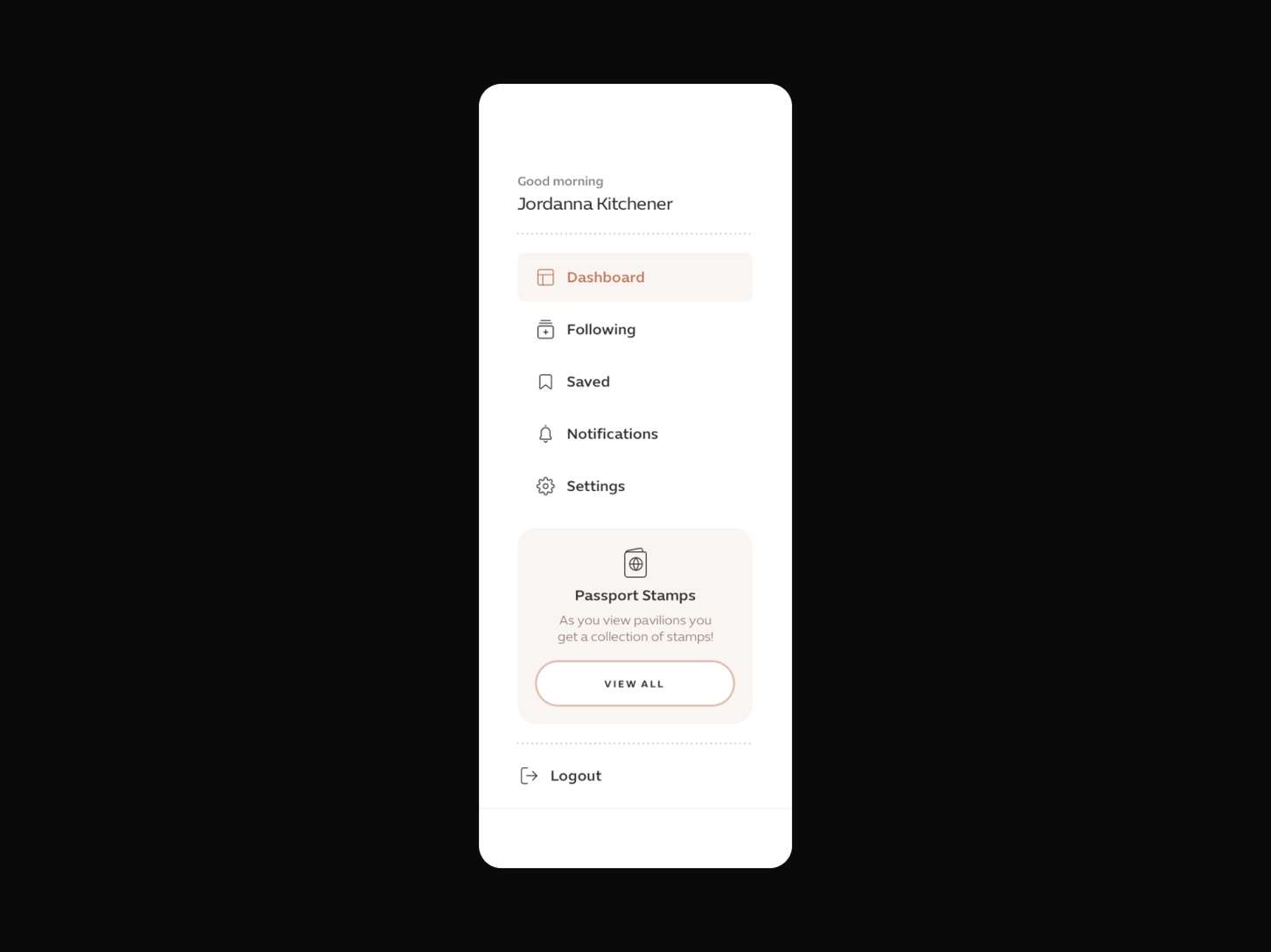 A minimalist mobile sidebar or profile navigation tray wireframe emphasizing text hierarchy, uniform line icons, and a distinct promotional call-out box.